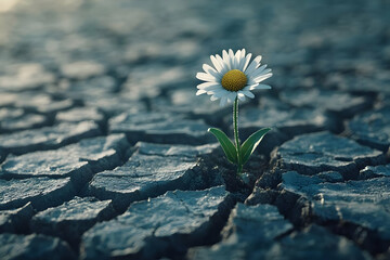 3D Illustration - Daisy Flower Growing in Cracked Earth