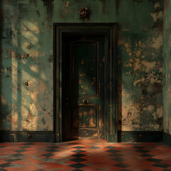 Illustration of an Abandoned Room with Checkered Floor and Green Wall