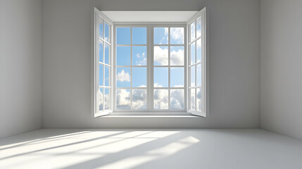Fototapeta premium 3D Illustration Empty Room White Window Clouds Sunlight