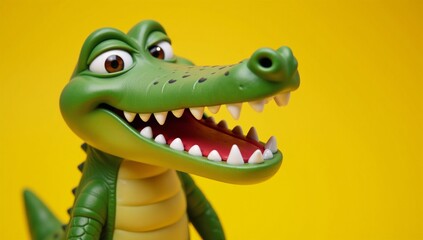 Obraz premium Cartoon croc with toothy smile against vibrant yellow backdrop