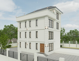 3D Rendering of a modern apartment building exterior in the evening view with lawn grass.
