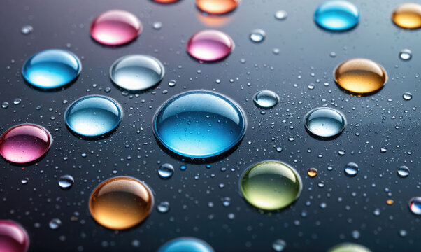 Colorful water droplets sit on a dark surface, reflecting light