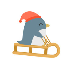 Cute Penguin Clipart. Funny Penguin Sledding. Smiling Penguin Drawing.