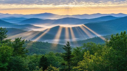 Serene Mountain Landscape at Sunrise with Rays of Light Shining Through Misty Valleys and Lush Green Forests in a Peaceful Nature Scene