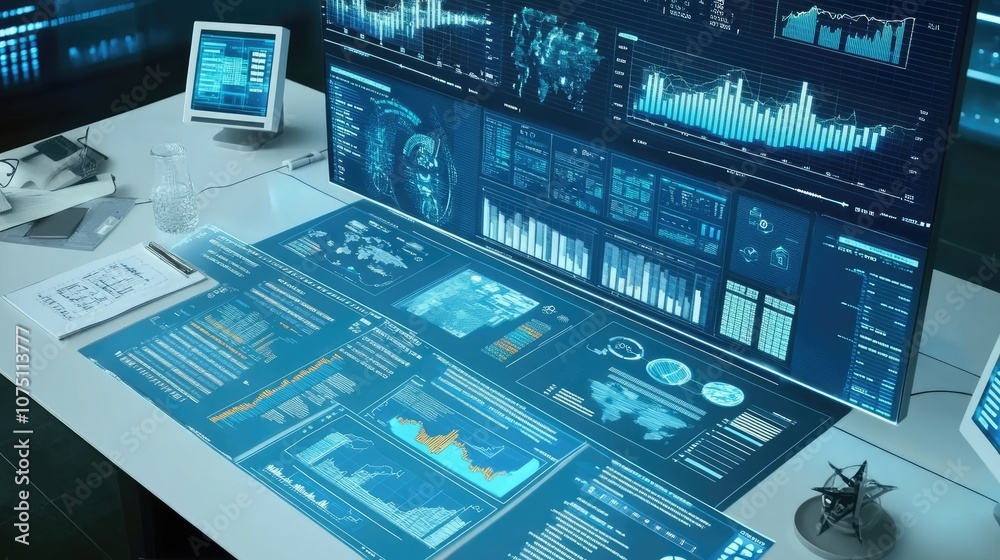 Poster futuristic data dashboard with analytical charts and graphs displayed on a sleek desk surface for mo
