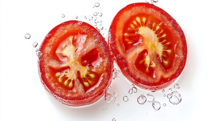 fresh slice of ripe cherry tomatoes isolated on white background into water.