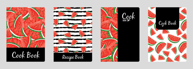 Set of cover designs for notebook, notepad, cook book, catalog with red, ripe watermelon. Vertical format A4, A5.