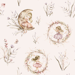 Seamless pattern with young ballerinas and boho plants elegant wreath. Hand drawn illustration girl in pink dress and blond hair sitting on moon. Cute watercolor repeat ornament for baby girl nursery. © Ekatmart