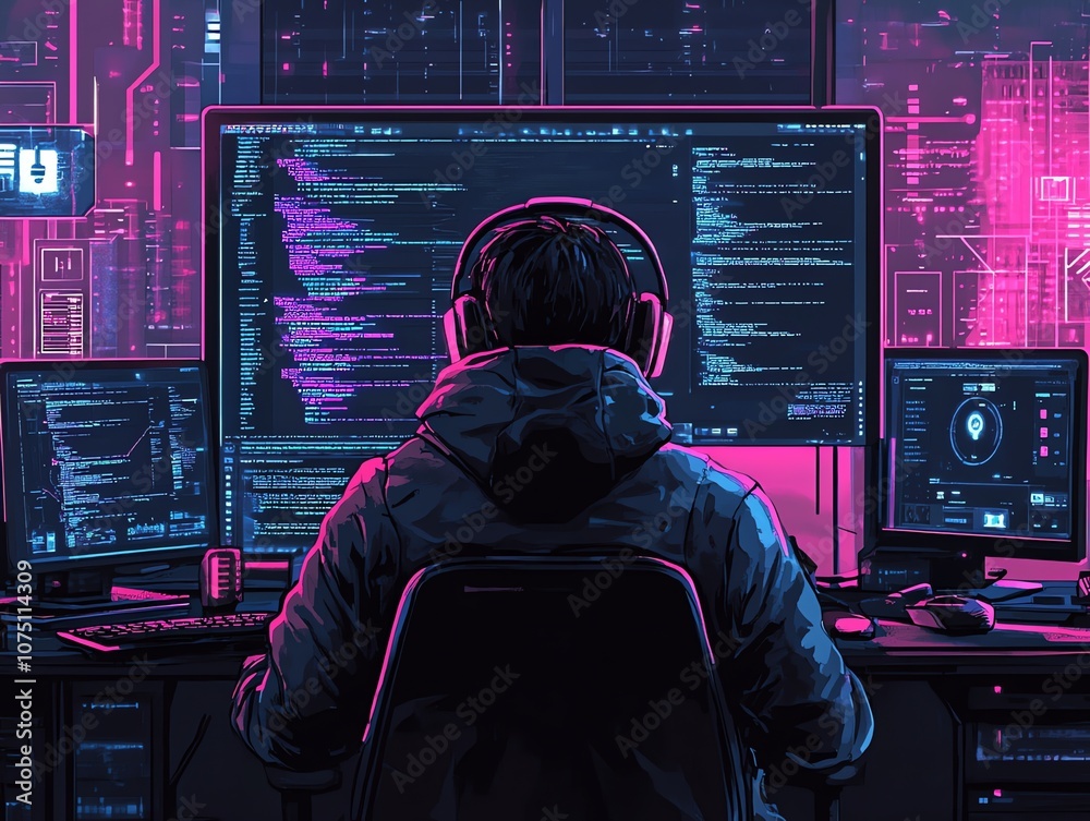 Fototapete A cyberpunk-style illustration of a hacker working late into the night, hunched over multiple computer monitors with neon lighting, coding and programming in a dimly lit room.