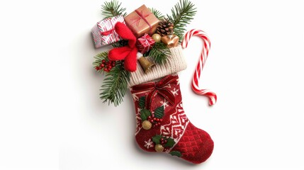 A hanging Christmas stocking filled with small gifts and candy canes, isolated on white background