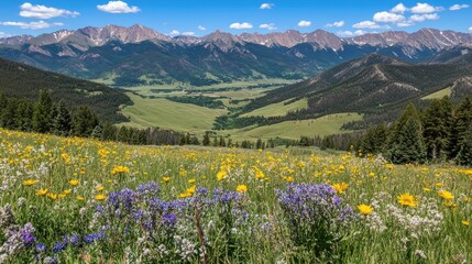 Fototapeta premium Breathtaking Mountain Landscape with Wildflowers, Rolling Green Hills, and Majestic Peaks Under a Clear Blue Sky in a Picturesque Natural Setting