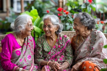Portrait of three senior women of Indian ethnicity with smiling faces chatting together
