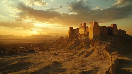 Obraz premium Illustration of Desert Castle Sunset, Ruins, and Mountains