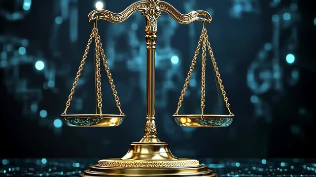 A golden scale of justice sits balanced against a blue background