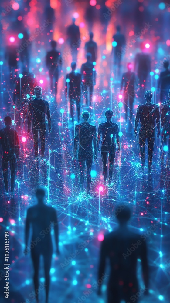 Poster a digital illustration of a crowd of people, connected by a network of glowing lines, symbolizing th