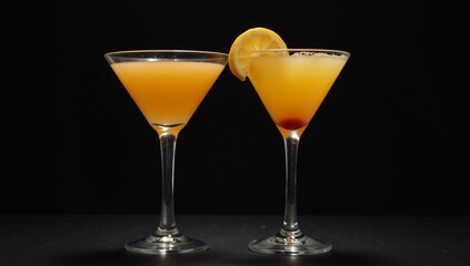 Two cocktail glasses containing an orange drink one adorned with a sliced orange on a dark backdrop