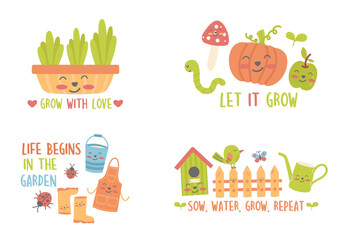 Collection gardening kawaii elements badge, label design with lettering