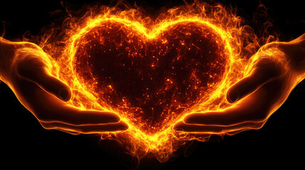 Two hands cradle a glowing, fiery heart, representing deep emotions and connection in a mesmerizing contrast against darkness