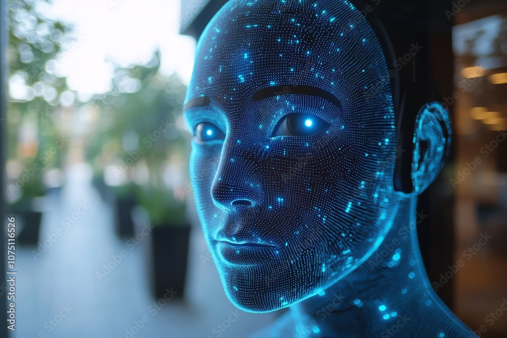 Poster a digital rendering of a human face made of glowing blue particles, representing the concept of digi