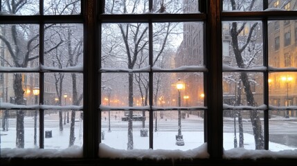 Frosted Window View of Snow-Covered City Street with Lit Street Lamps and Tall Trees