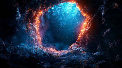 An ethereal, glowing cave with fiery edges, opening into a mystical, starry abyss, illuminated in vivid blues and reds