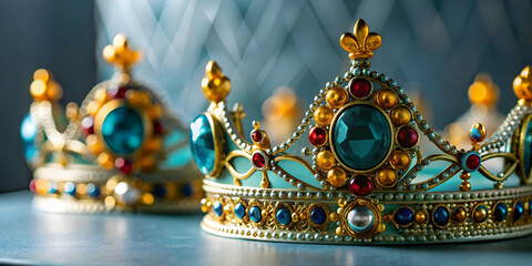 Naklejka premium Detailed Close Up Reyes Magos Traditional Crowns Intricate Designs Festive Embellishments Copy Space Concept Ideal for Magazine Advertisements Banners Text Space Photography Stock