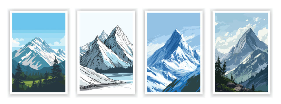 Vector illustration. Majestic mountain landscape with towering peaks and rugged terrain. Scenic view with a clear sky and natural beauty. Design elements for posters, book covers, brochures, magazines