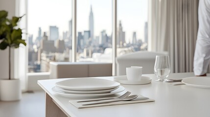 Fototapeta premium Stylish Dining Setup with Elegant Tableware and Urban Skyline View in Modern Interior Highlighting Sophisticated Lifestyle and Culinary Experience