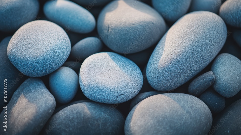 Poster a collection of smooth blue pebbles arranged together, showcasing unique textures and colors under s