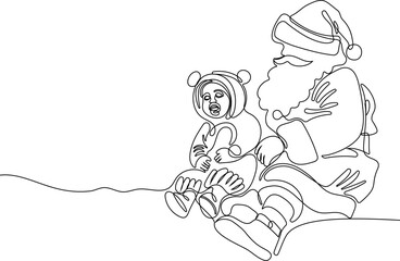 Character With A Sack Full Of Gifts. Vector Hand Drawn Illustration. One continuous line drawing Santa Claus on reindeer and sled. concept for Christmas and New Year