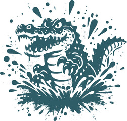 Dynamic Digital Ink Illustration of an Aggressive Alligator Emerging from Water with Splashing Effects