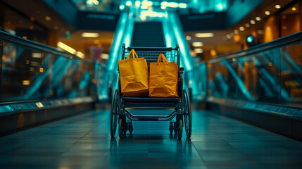 Naklejka premium A wheelchair awaits in a busy shopping mall, holding two yellow bags while shoppers move along the escalators in the background