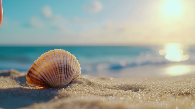 Colorful seashell resting on sandy beach with gentle waves in background.