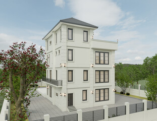 3D Rendering of a modern apartment building exterior in the evening view with lawn grass.
