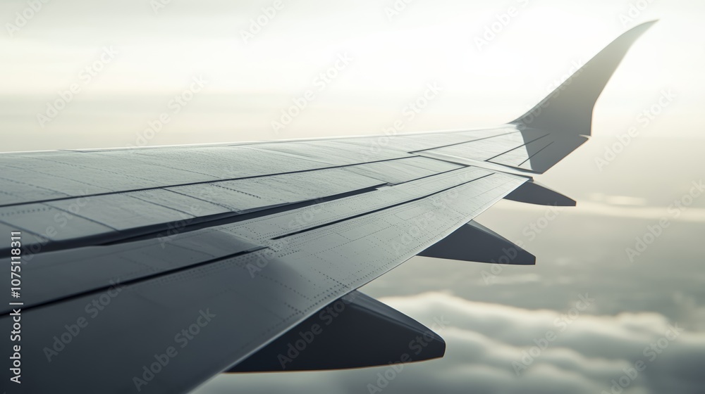 Aufkleber airplane wing soaring through a cloudy sky, bathed in the warm glow of the setting sun, evoking a se