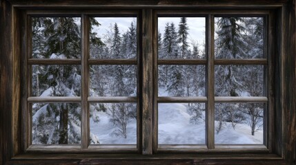 Serene Snowy Winter Landscape Viewed Through Large Rustic Wooden Window with Clear Panes