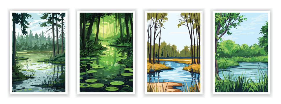 Swamp Landscape Drawing. Vector illustration of wetlands, marshes, and boggy scenery. Editable artwork for nature-themed designs, posters, or environmental covers.
