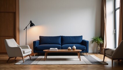 Stylized modern living room with blue sofa on parquet floor featuring minimalist  boho-inspired decor