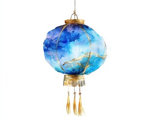 Beautiful watercolor lantern with blue hues and golden accents, perfect for decoration.