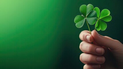 Hand holding a clover leaf with a green gradient background.