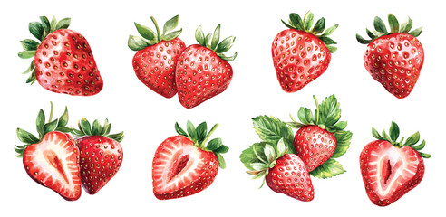 Fresh Strawberry Watercolor Fruit Hand Painted. Summer Red Berry, White Background. Vector Illustration
