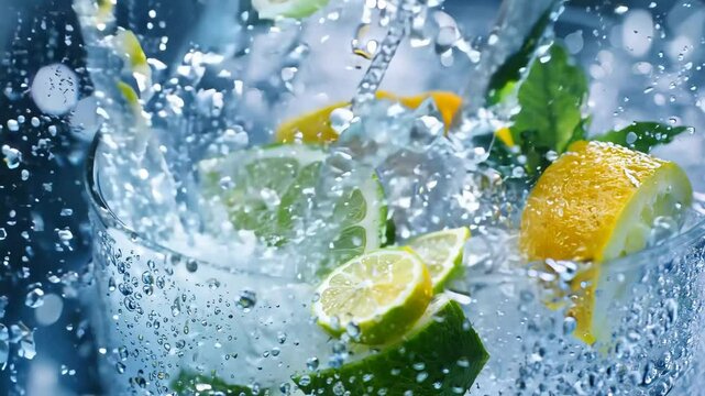 A glass of water with a lime and an orange in it