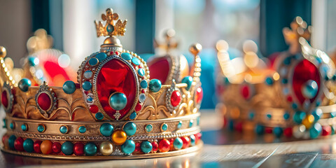 Naklejka premium Close Up of Reyes Magos Traditional Crowns Highlighting Intricate Designs and Festive Embellishments for Magazine Advertisements or Banners with Copy Space for Text