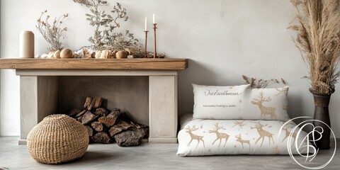 Cozy interior with a fireplace, decorative pillows, and natural elements for a warm ambiance.