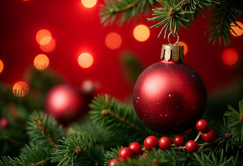 Red background with evergreen branches and ornaments. Perfect for holiday card designs, festive decorations, Christmas themed digital content.