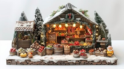 Fototapeta premium A miniature Christmas market scene with twinkling lights, isolated on white background