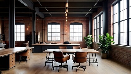 Office with Exposed Brick, Vintage Furniture, and Natural Light