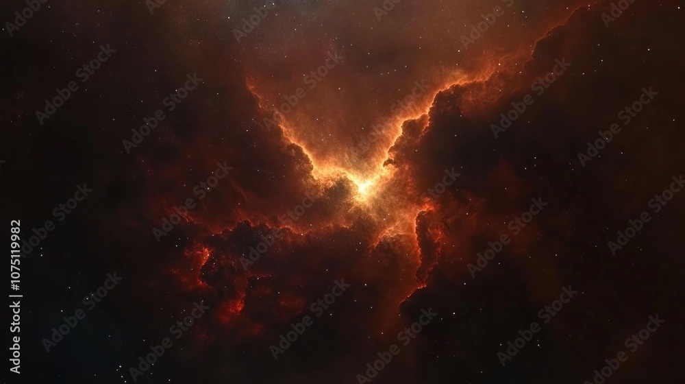 Poster a space scene with a large orange cloud in the middle
