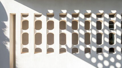 Architectural Shadows, striking contrasts of bold patterns formed by architectural features on a pristine white wall, creating dynamic visual interest