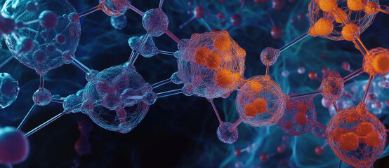 Abstract digital illustration of interconnected chemical molecule structures